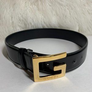 Gucci Gold G Black Leather Buckle Belt